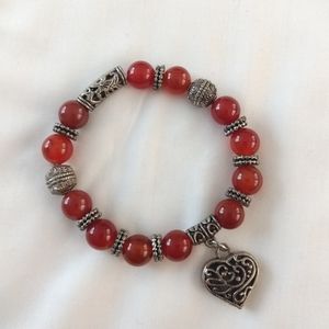 Red and metal bead bracelet with heart charm / $1 BOGO Deal